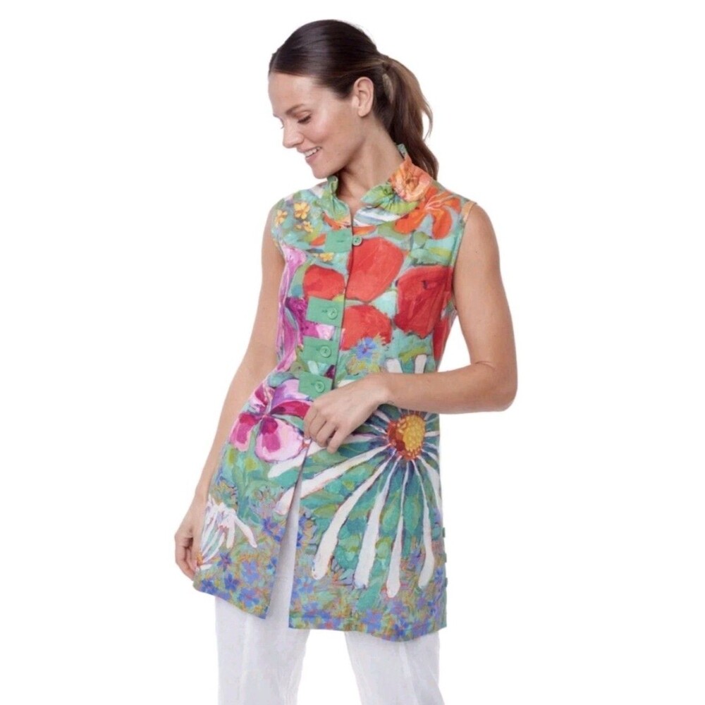 Claire Desjardins Womens Floral Linen Button Tunic Top Size S